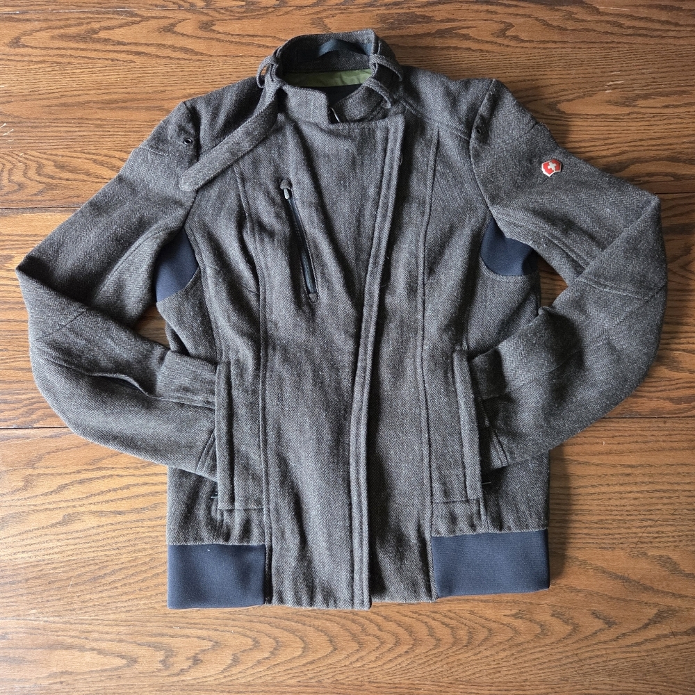 Victorinox Swiss Wool Blend Bomber Military Jacket Womens 40/4 Olive Tweed EUC